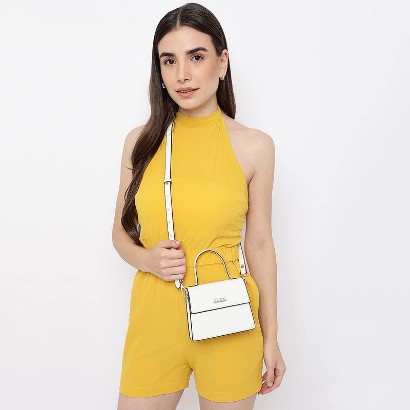 KLEIO PU Leather Mini Handbag for Women with Top Handle and Detachable Crossbody Sling - White - Image 3
